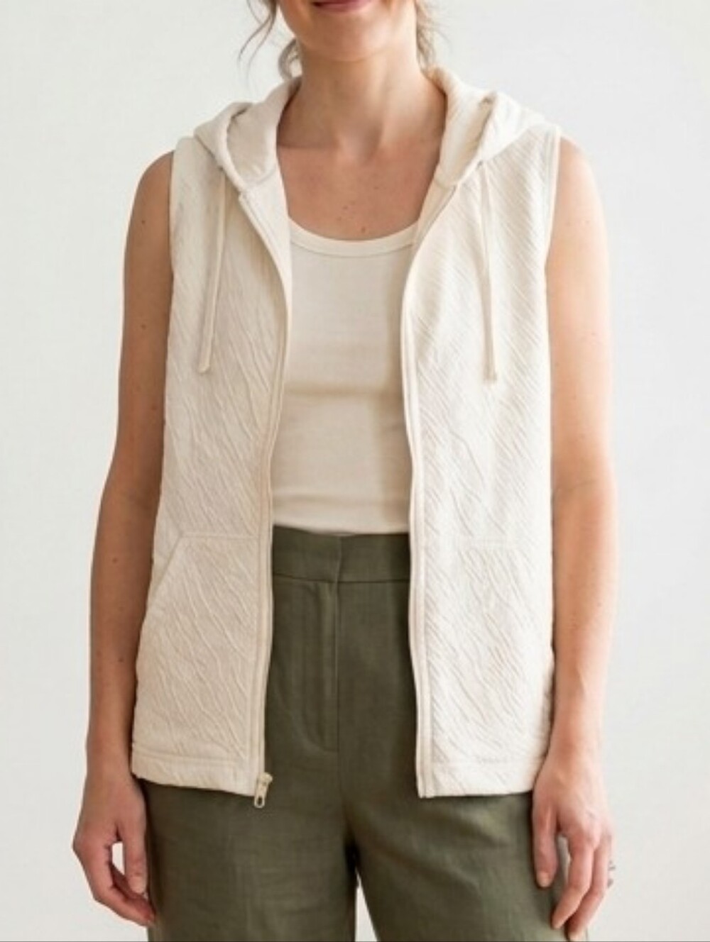 Eileen Fisher Cream Sleeveless Two-Way Zip Hooded Women's Shirt